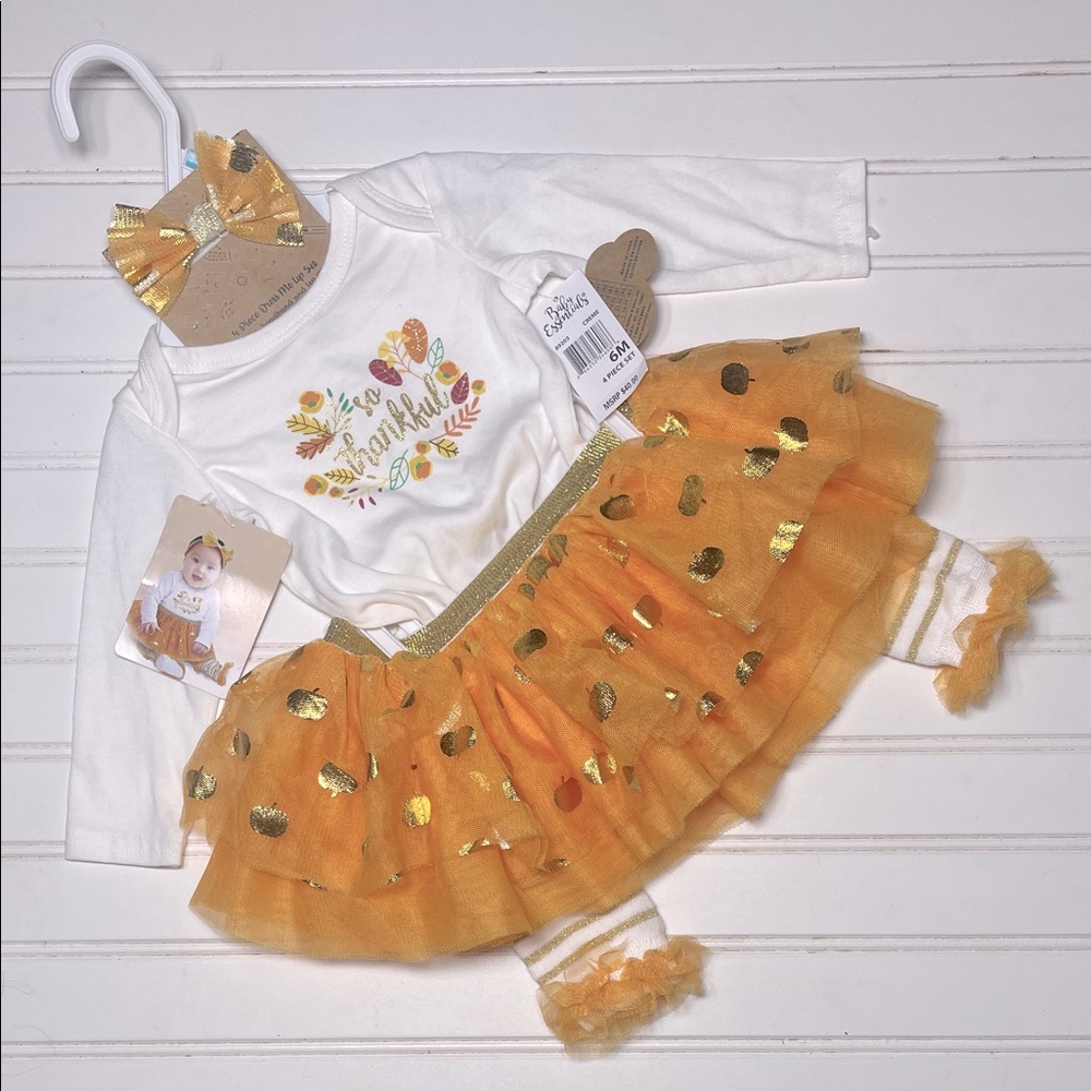 BABY ESSENTIALS NWT Thanksgiving Metallic Pumpkin Tulle Skirt 4 Piece Set